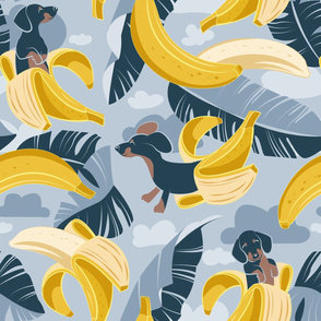 Large jumbo scale // Surrealistic tropical Dachshund bananas // pastel blue background navy blue dogs and banana fruit leaves