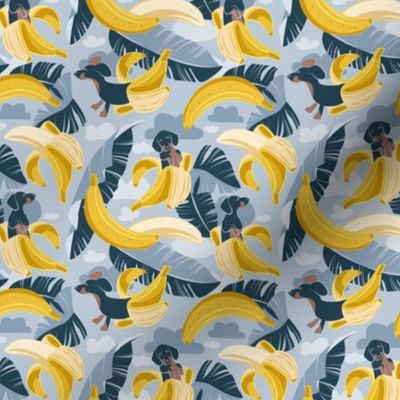 Tiny scale // Surrealistic tropical Dachshund bananas // pastel blue background navy blue dogs and banana fruit leaves