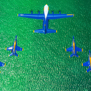  62-20 Blue Angels, C-130 pilots and crew arrive at Naval Air Station Pensacola with the team’s new C-130J Super Hercules, alongside the Blue Angels Delta formation