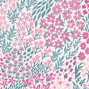 Medium scale. Blooming flowers. Pink floral design