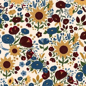 Autumn flower garden, with its sunflowers, navy blue flowers, and crimson red flowers