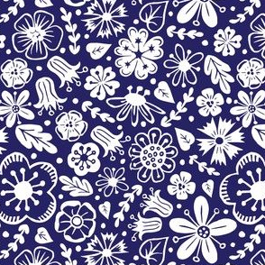 Flowers Everywhere - White on Blue