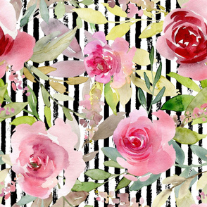 Pink Roses on a distressed stripe background rotated- extra large scale