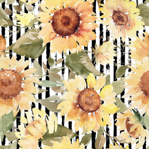 Watercolor sunflowers on a stripe background rotated- extra large scale 