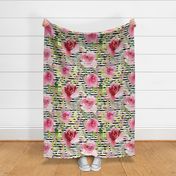 Pink Roses on a distressed stripe background - extra large scale