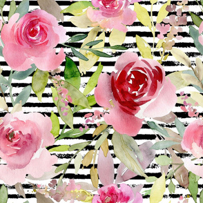 Pink Roses on a distressed stripe background - extra large scale