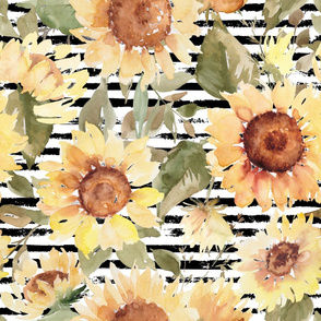 Watercolor sunflowers on a stripe background - extra large scale 