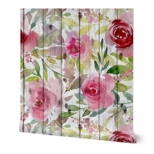 Pink Roses on a white shiplap background | Spoonflower