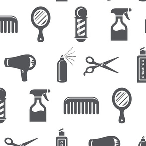 Salon & Barber Hairdresser Pattern in Charcoal Gray with White Background (Large Scale)