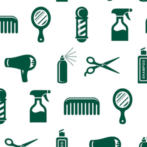 Salon & Barber Hairdresser Pattern in Sherwood Green with White Background (Large Scale)