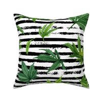 Watercolor Marijuana leaves on a stripe background - large scale