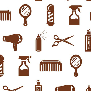 Salon & Barber Hairdresser Pattern in Walnut Brown with White Background (Large Scale)