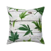 Watercolor Marijuana leaves on a wood background - large scale