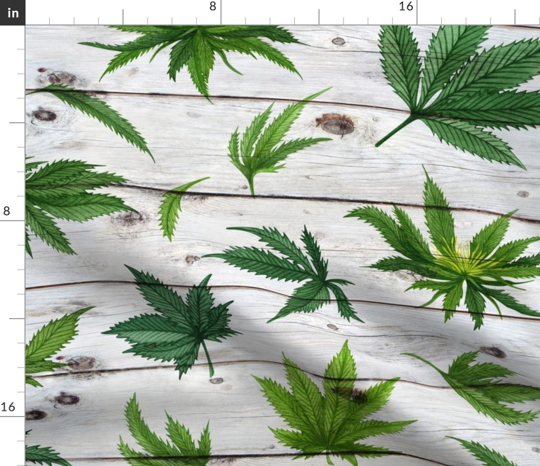 Watercolor Marijuana leaves on a wood background - large scale