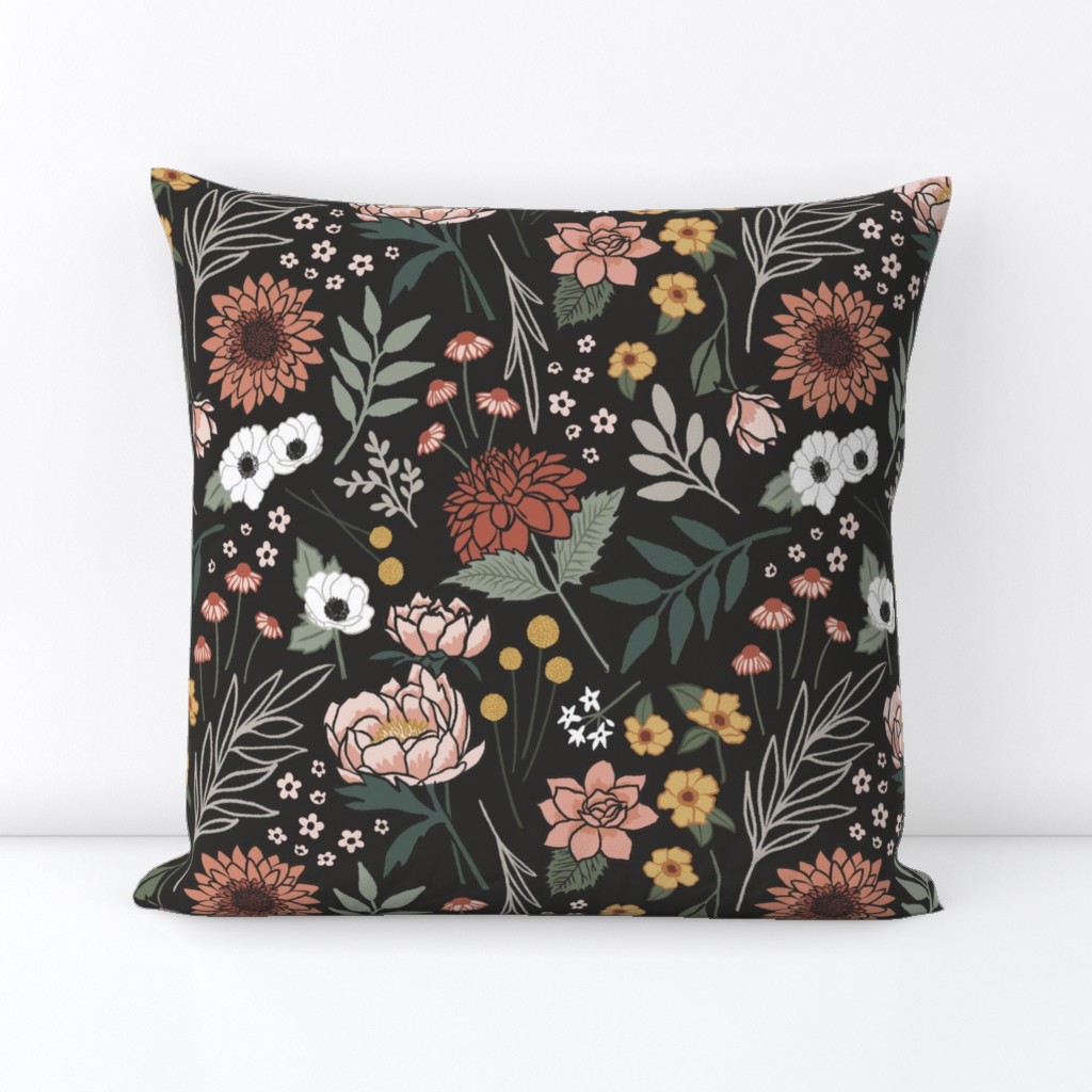 Maya Boho Floral - Black, Large Scale