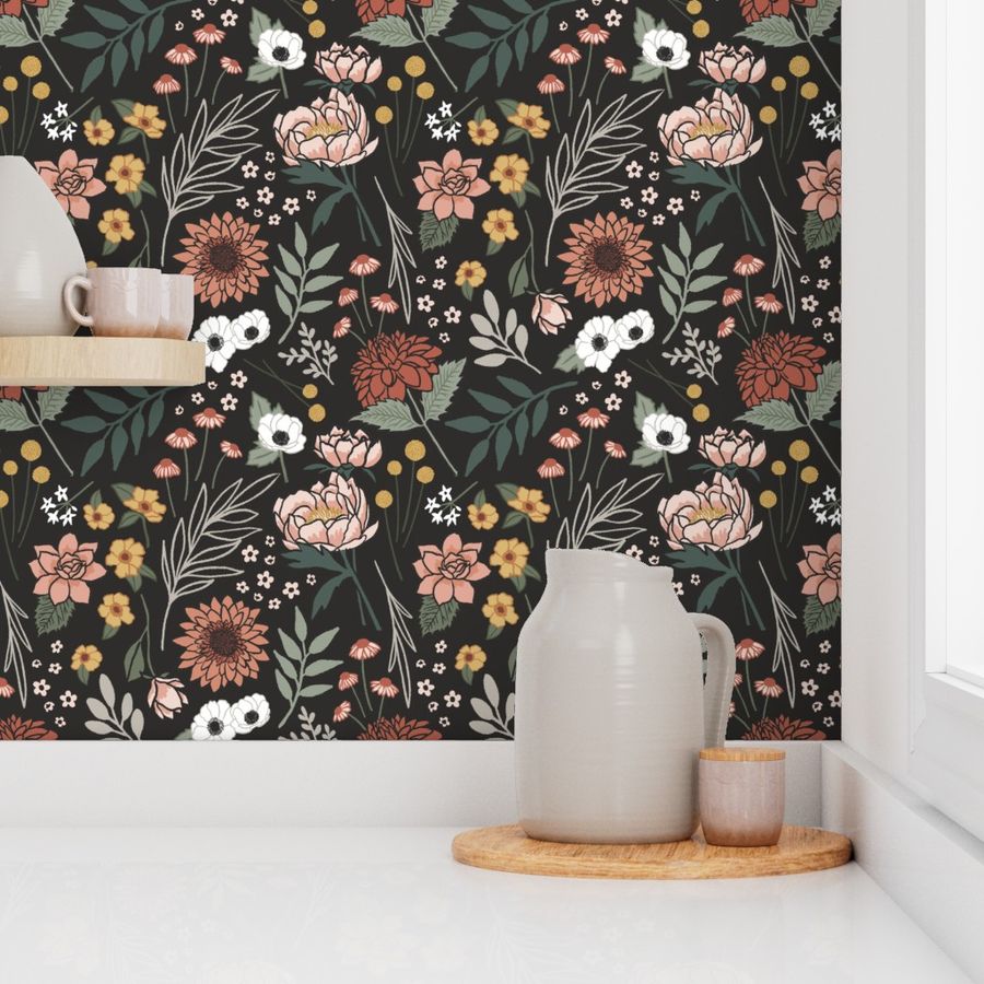 Maya Boho Floral on Black - Large Scale Wallpaper | Spoonflower