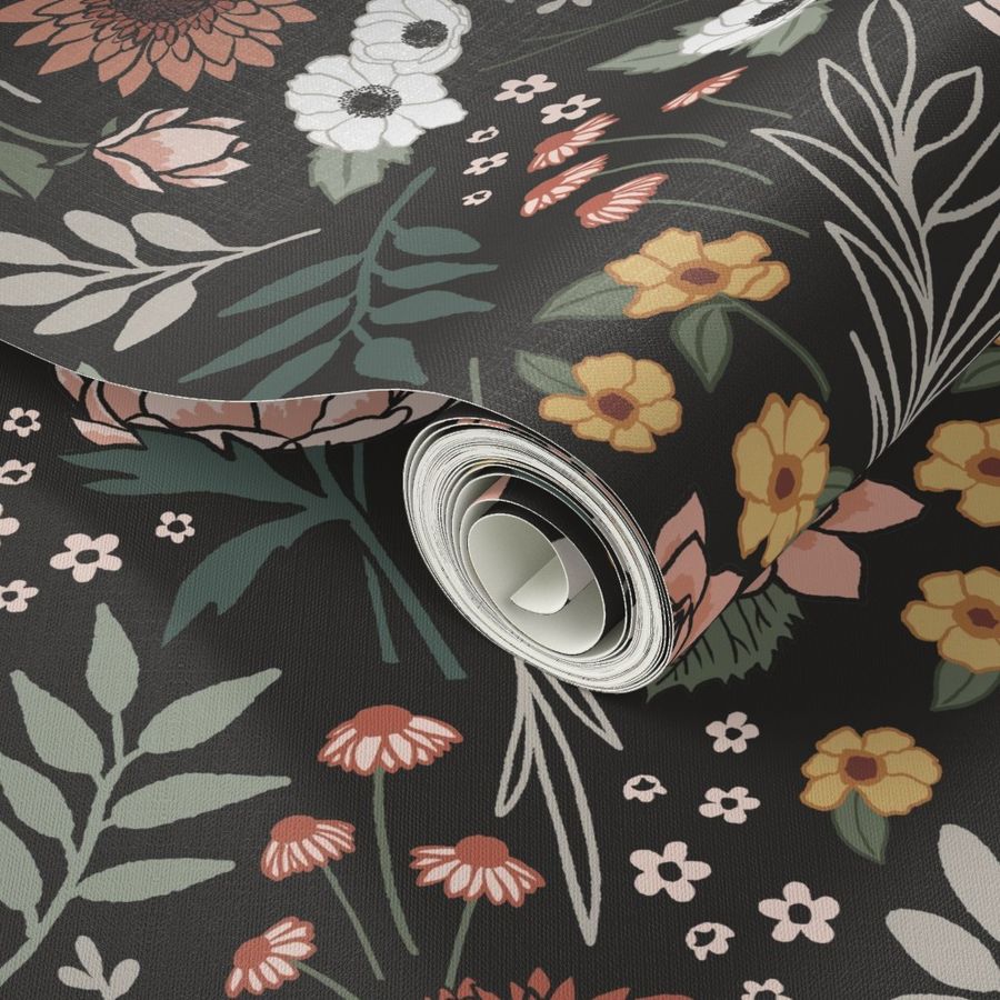 Maya Boho Floral on Black - Large Scale Wallpaper | Spoonflower