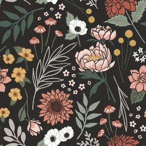 Maya Boho Floral - Black, Large Scale