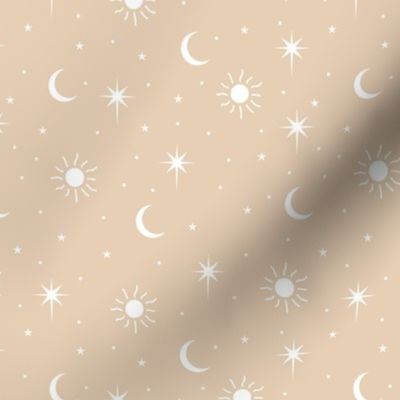 Mystic magic Universe sun moon phase and stars sweet dreams night baby nursery retro seventies beige sand white