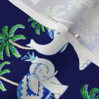 elephants classic blue with palm trees