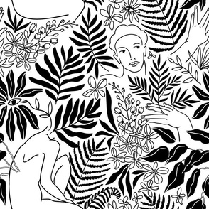 Monochrome pattern design - elegance tropical woman