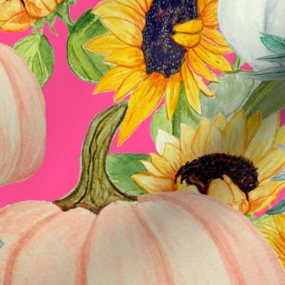 pumpkins and sunflower floral on cerise pink