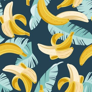 Small scale // In the shade of banana trees // navy blue background aqua leaves