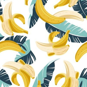 Small scale // In the shade of banana trees // white background dark aqua and navy blue leaves