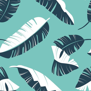 Normal scale // In the shade of banana leaves // dark aqua background white and navy blue leaves