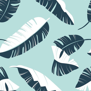 Normal scale // In the shade of banana leaves // aqua background white and navy blue leaves