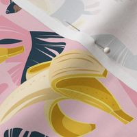 Small scale // Surrealistic tropical Dachshund bananas // pastel pink background navy blue dogs and banana fruit leaves