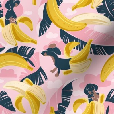 Small scale // Surrealistic tropical Dachshund bananas // pastel pink background navy blue dogs and banana fruit leaves
