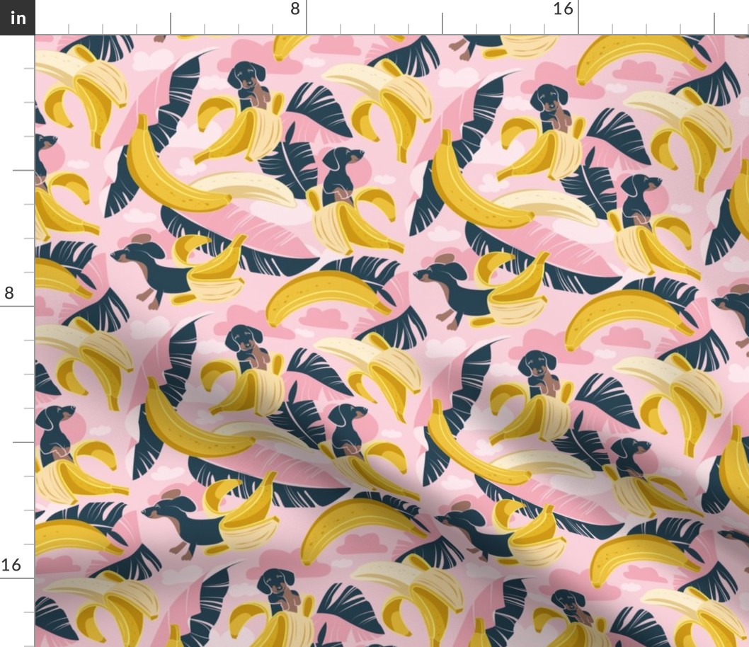 Small scale // Surrealistic tropical Dachshund bananas // pastel pink background navy blue dogs and banana fruit leaves