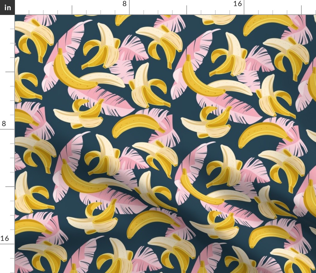 Small scale // In the shade of banana trees // navy blue background pastel pink leaves