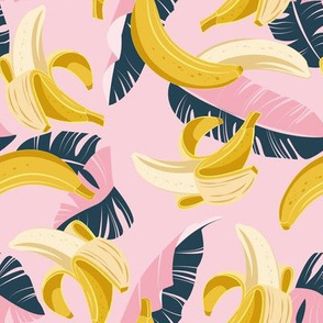 Small scale // In the shade of banana trees // pastel pink background pink and navy blue leaves