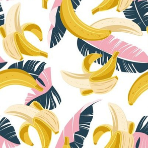 Small scale // In the shade of banana trees // white background pink and navy blue leaves