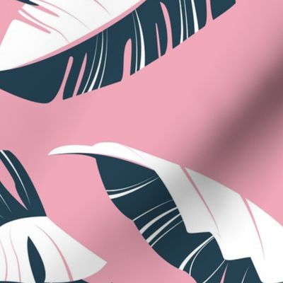 Normal scale // In the shade of banana leaves // pink background white and navy blue leaves