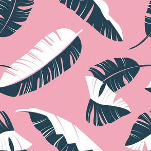 Normal scale // In the shade of banana leaves // pink background white and navy blue leaves