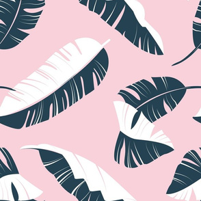 Normal scale // In the shade of banana leaves // pastel pink background white and navy blue leaves