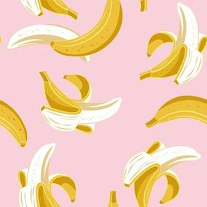 Small scale // Flying bananas // pastel pink background yellow fruit