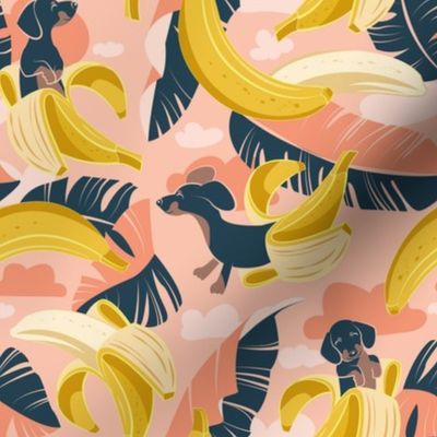 Small scale // Surrealistic tropical Dachshund bananas // coral flesh background navy blue dogs and banana fruit leaves