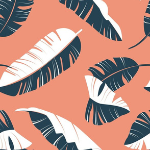 Normal scale // In the shade of banana leaves // coral background white and navy blue leaves