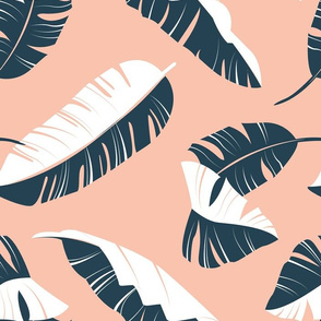 Normal scale // In the shade of banana leaves // flesh coral background white and navy blue leaves
