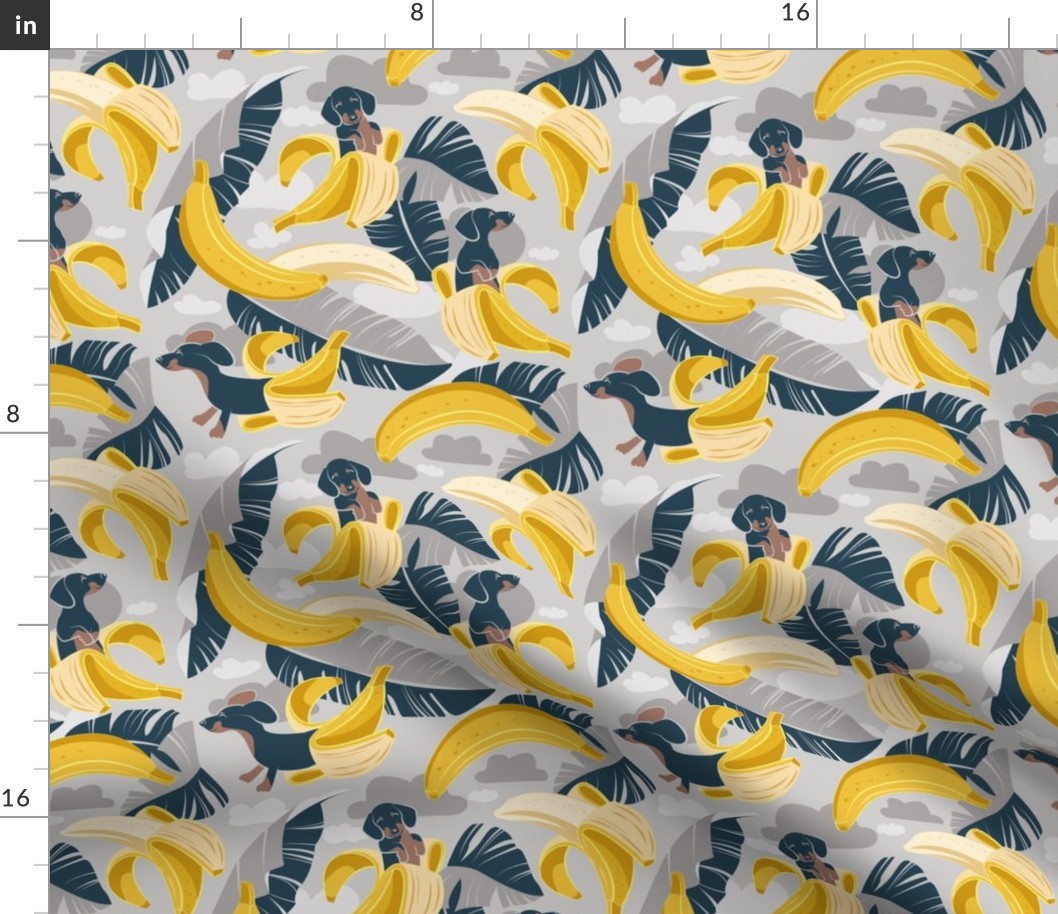 Small scale // Surrealistic tropical Dachshund bananas // grey background navy blue dogs and banana fruit leaves