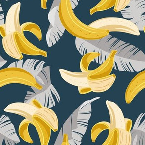 Small scale // In the shade of banana trees // navy blue background grey leaves