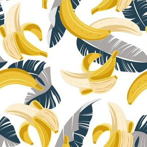 Small scale // In the shade of banana trees // white background dark grey and navy blue leaves