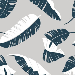 Normal scale // In the shade of banana leaves // grey background white and navy blue leaves