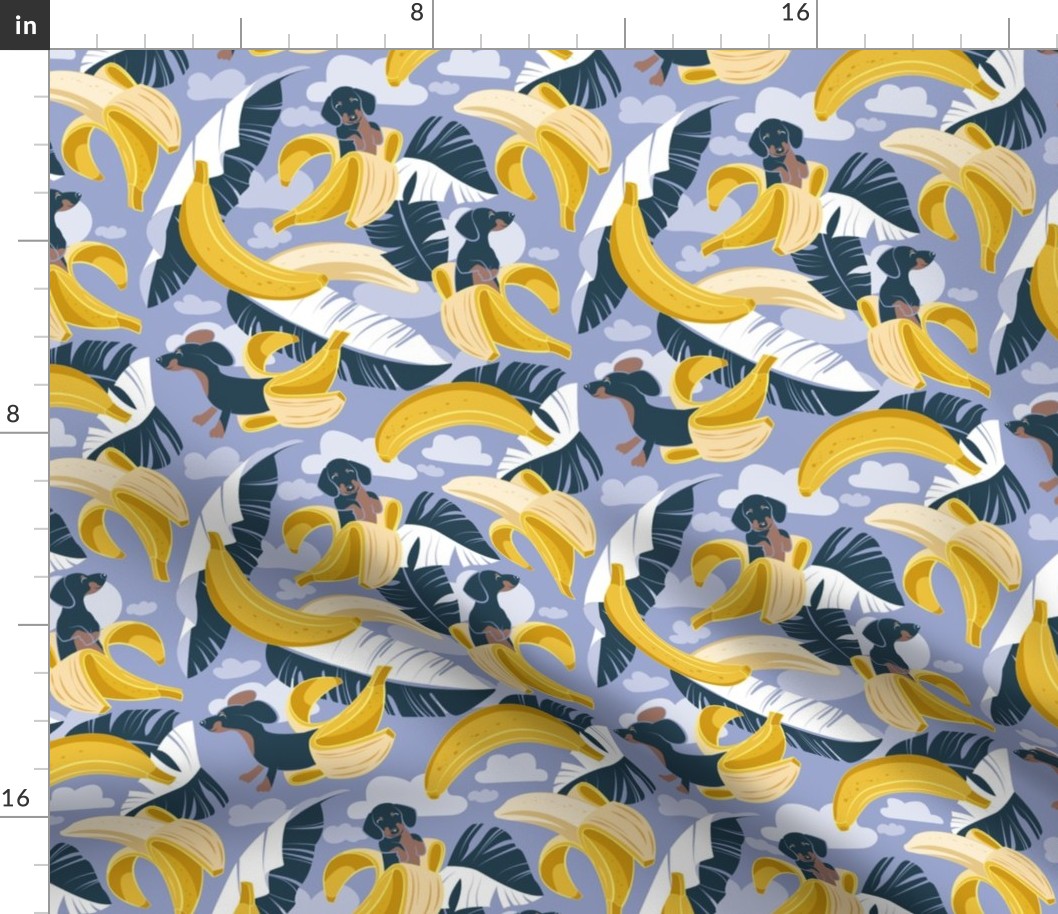 Small scale // Surrealistic tropical Dachshund bananas // indigo blue background navy blue dogs and banana fruit leaves