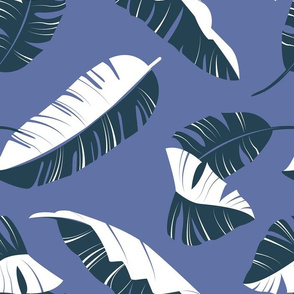 Normal scale // In the shade of banana leaves // violet background white and navy blue leaves