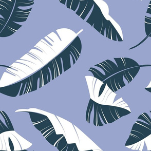 Normal scale // In the shade of banana leaves // indigo blue background white and navy blue leaves